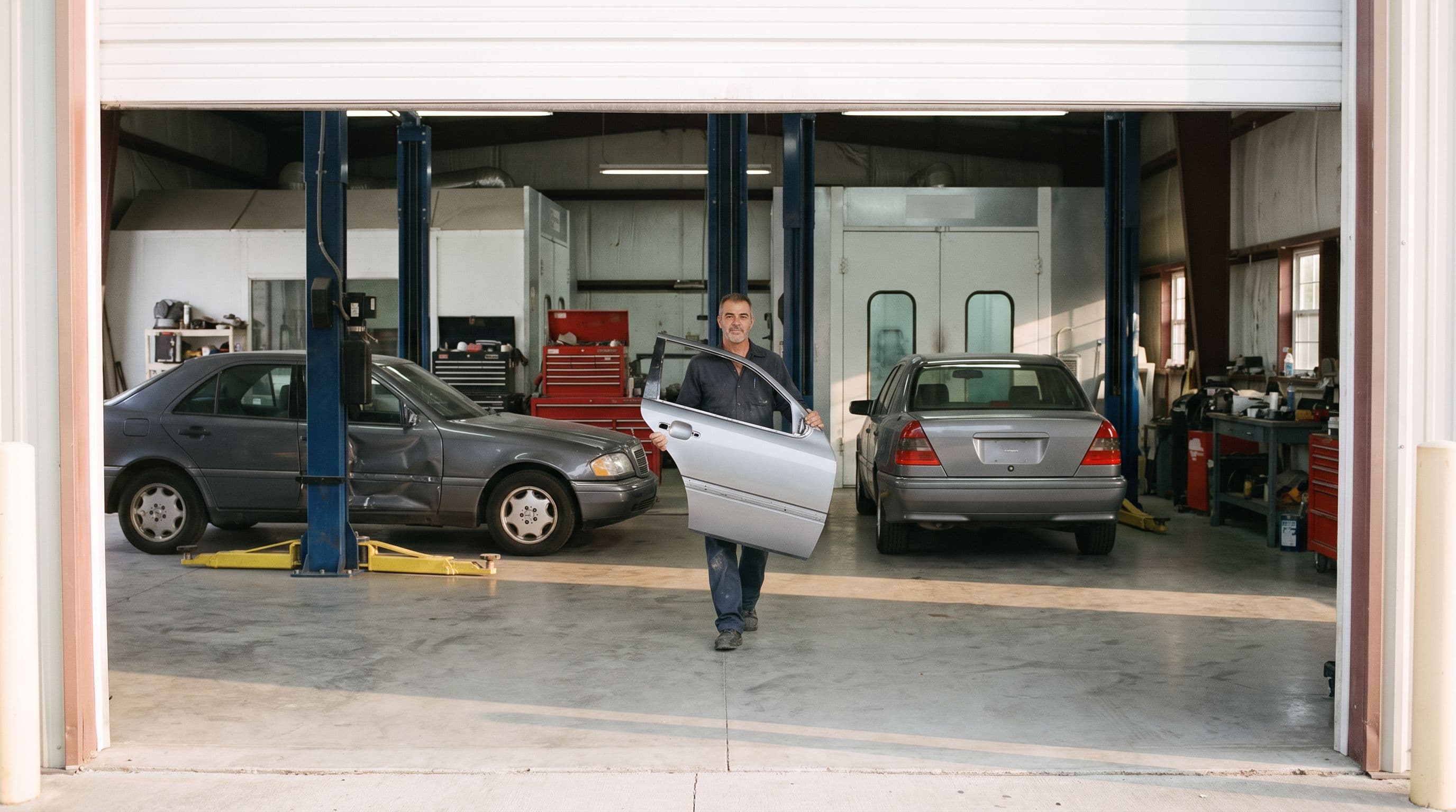 L’interno di un’officina di carrozzeria, ripreso in campo largo