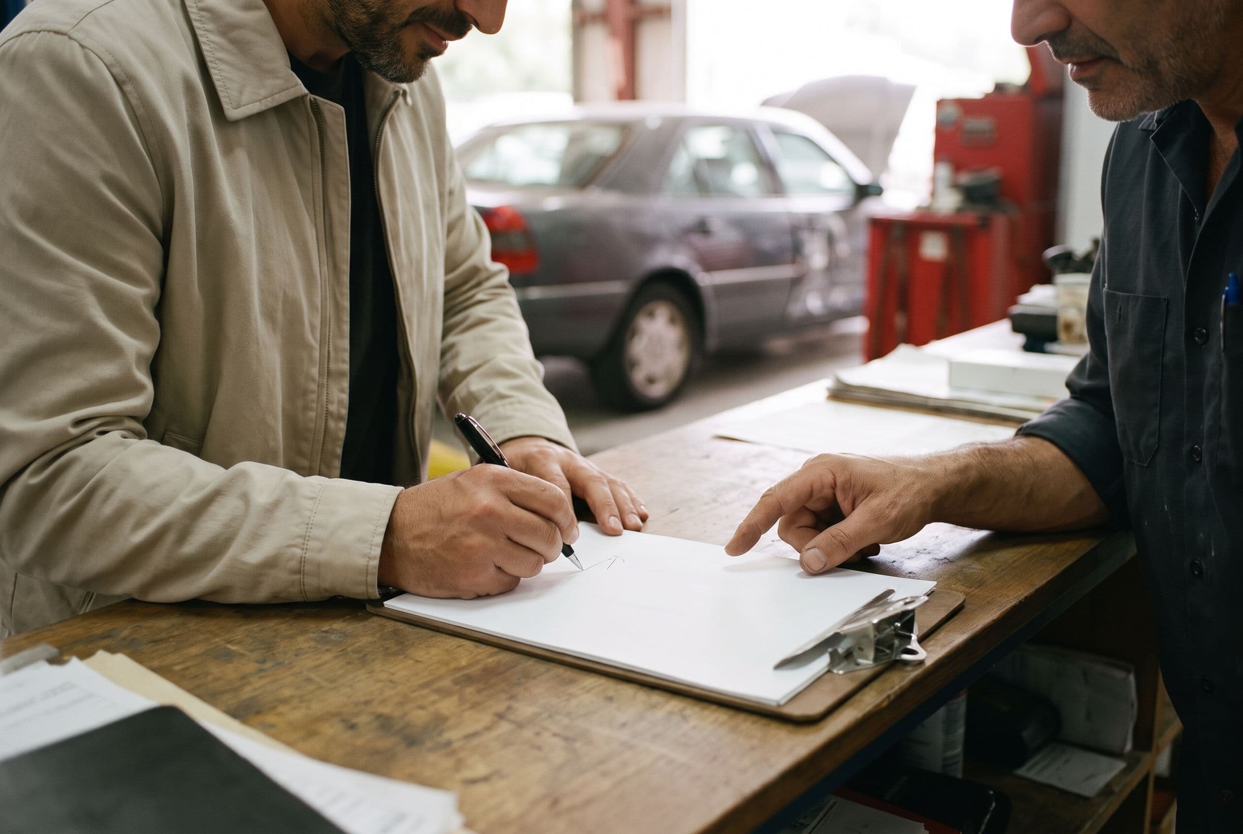 Un cliente firma il modulo di cessione del credito al banco della carrozzeria