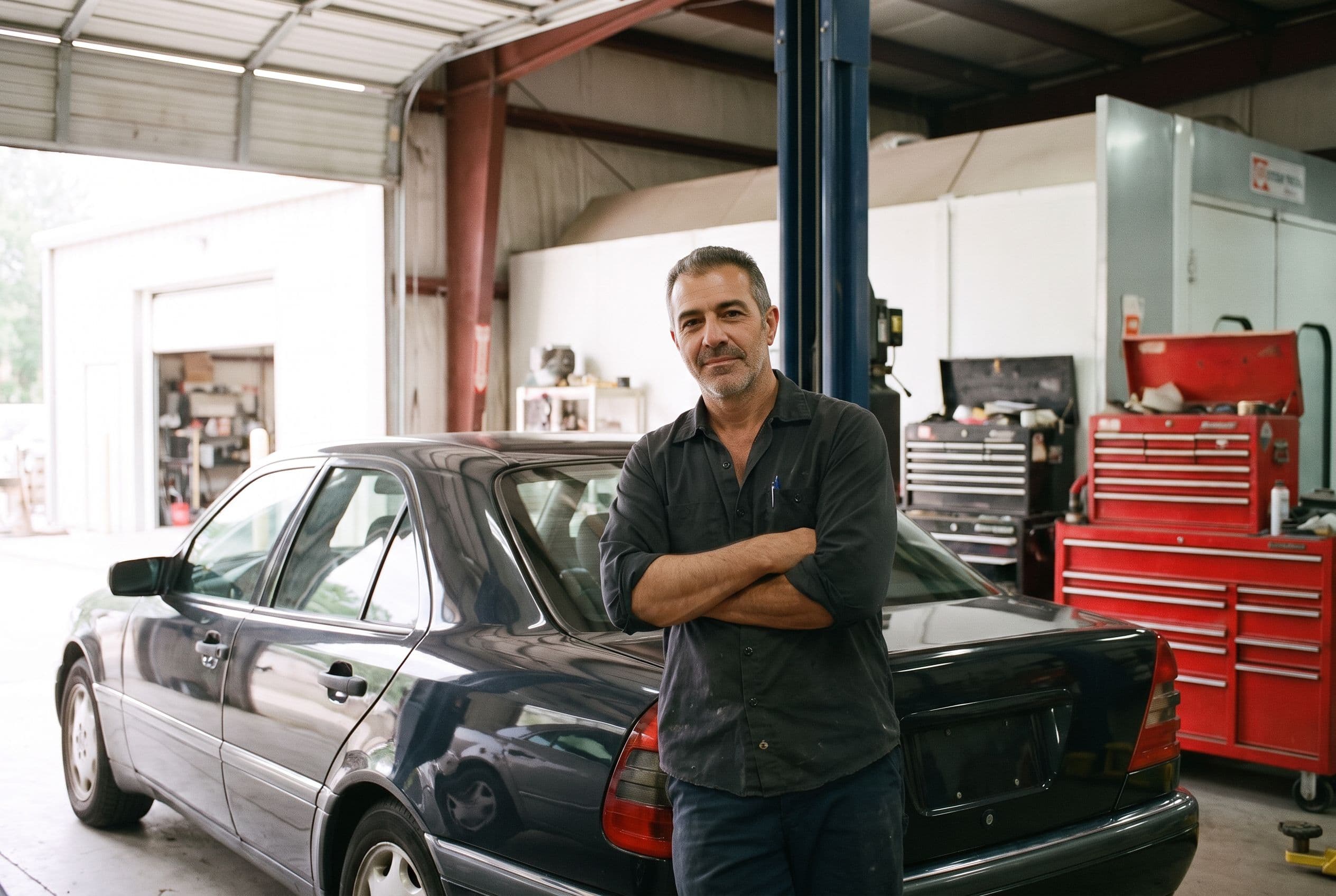 Il titolare della carrozzeria appoggiato a un’auto nella sua officina